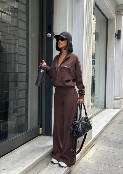 Жіночий костюм oversize зіп худі та штани шоколад mod12_3et12b2 фото